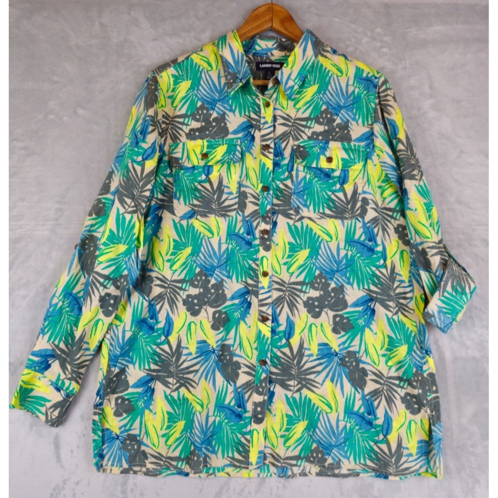Lands End Womens Floral Linen Shirt Large Green Roll Tab‎ Sleeve Button Front